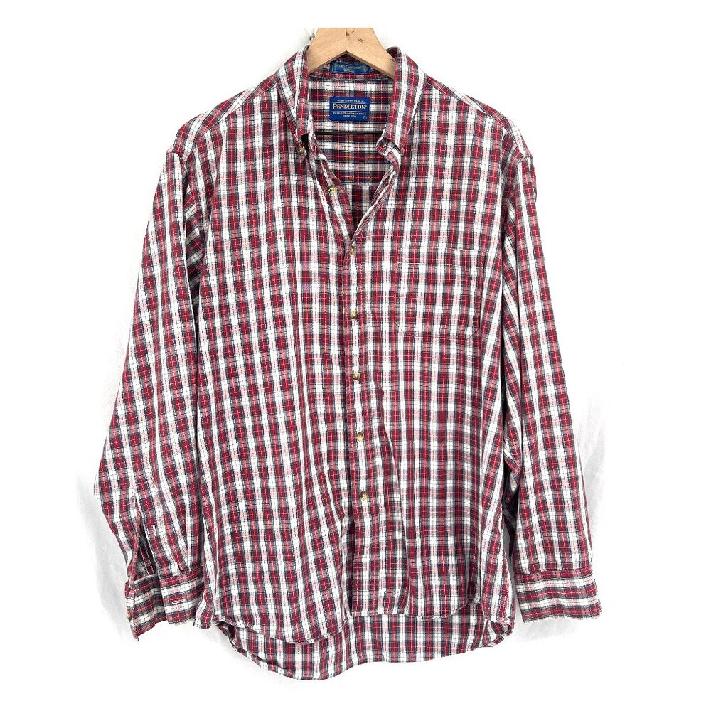 Pendleton vintage oxford cloth button down red white plaid shirt classic L